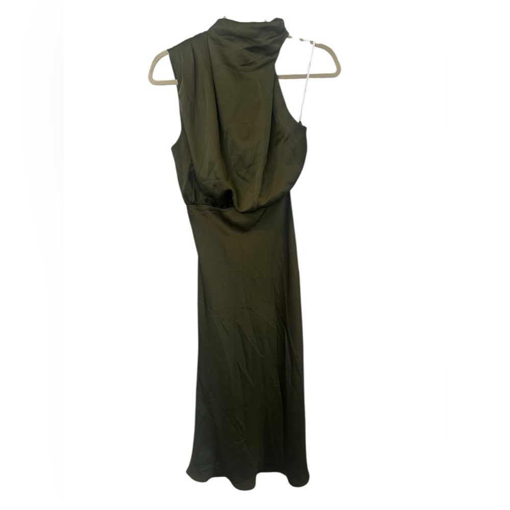 NWT Lulu's Distinctive Charm Olive Green Satin Asymmetrical Midi Dress - Picture 6 of 9